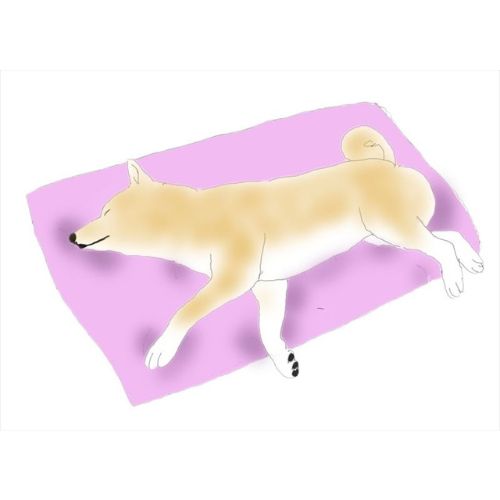 布団の上で横になって寝ている犬のイラスト