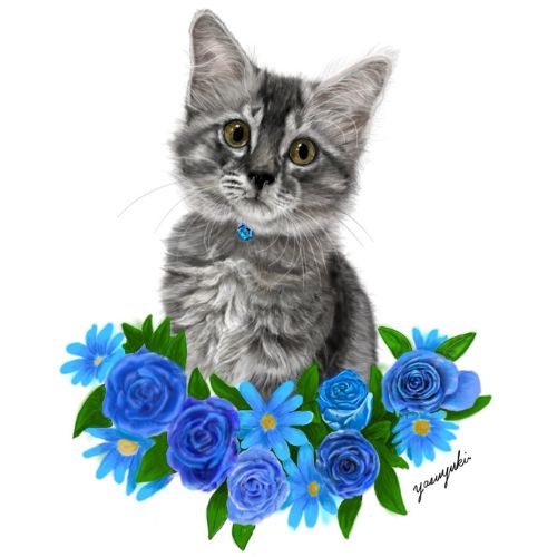 青い花に囲まれたグレーの猫