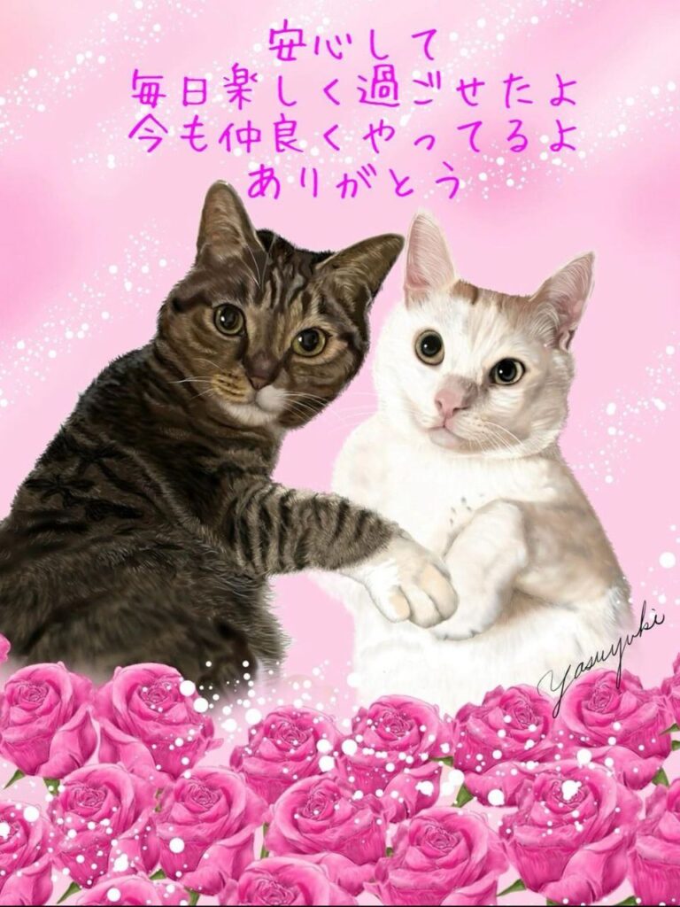 ピンクのお花に囲まれた手をつないでいる二匹の猫