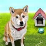 小屋とミルク入れの前に座っている柴犬