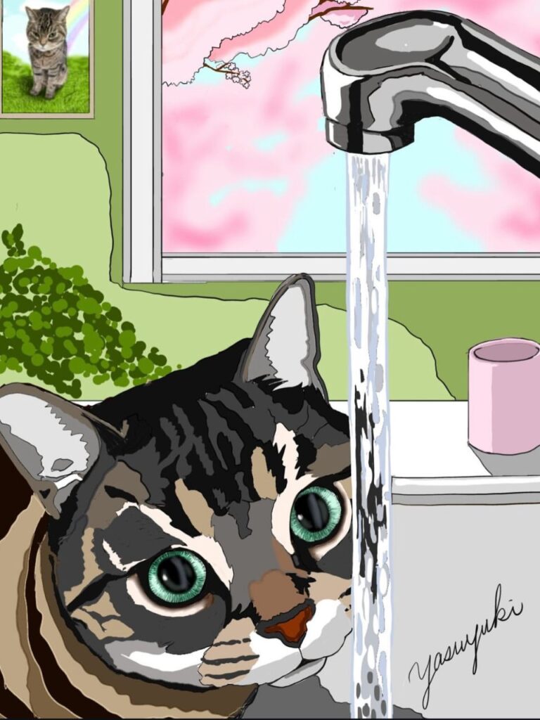 水道の蛇口から水を飲む猫