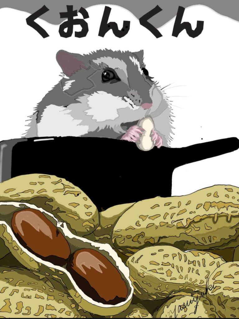 フライパンの中に入ってピーナッツを食べているジャンガリアンハムスター
