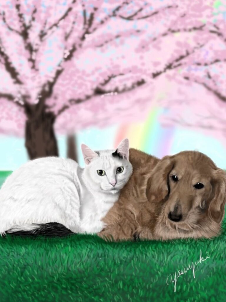 桜の木の下でくつろぐ犬と猫