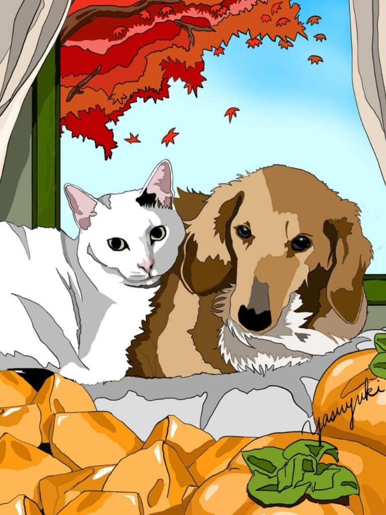 紅葉と柿に囲まれている犬と猫