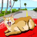 車の上であくびをしている猫
