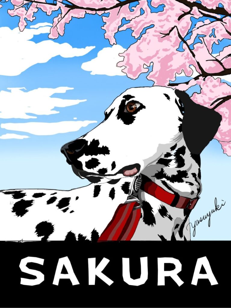 桜の木の前にいるダルメシアンのさくらちゃん
