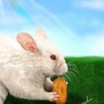 草原で人参を食べている白いハムスター