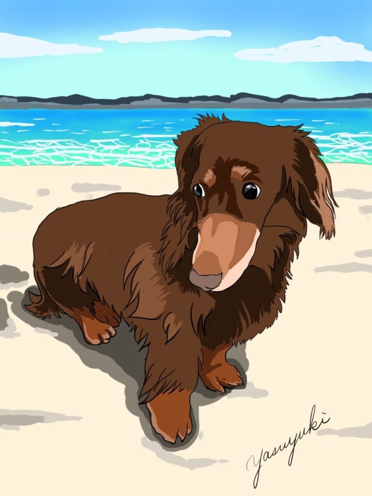 海を歩くミニチュアダックスフンドチョッパーくんの似顔絵