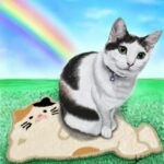 虹を背景にお見送りした三毛猫のなつきちゃんの似顔絵