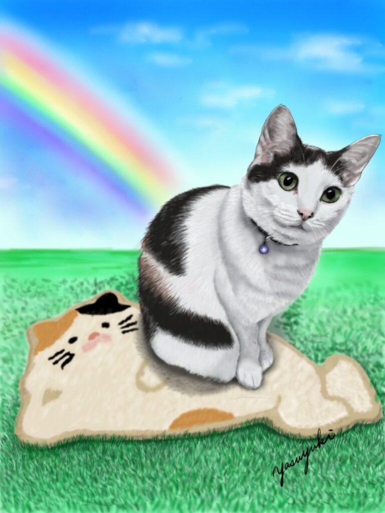 虹を背景にお見送りした三毛猫のなつきちゃんの似顔絵