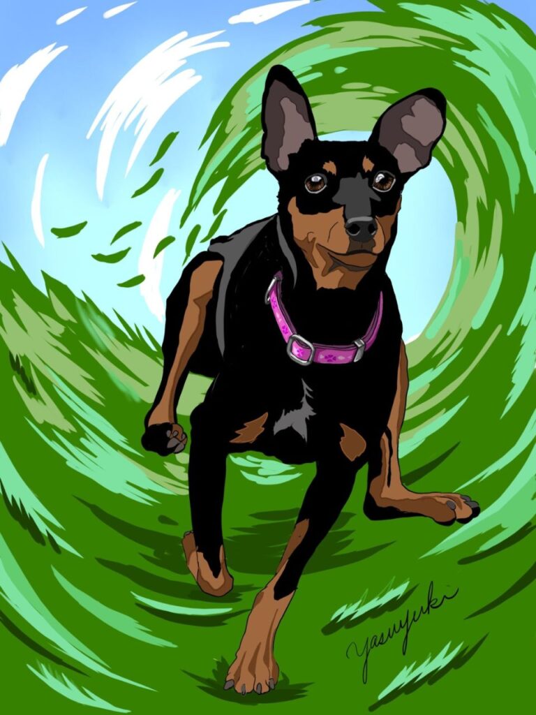 草原を駆け回るミックス犬ナッツちゃんの似顔絵